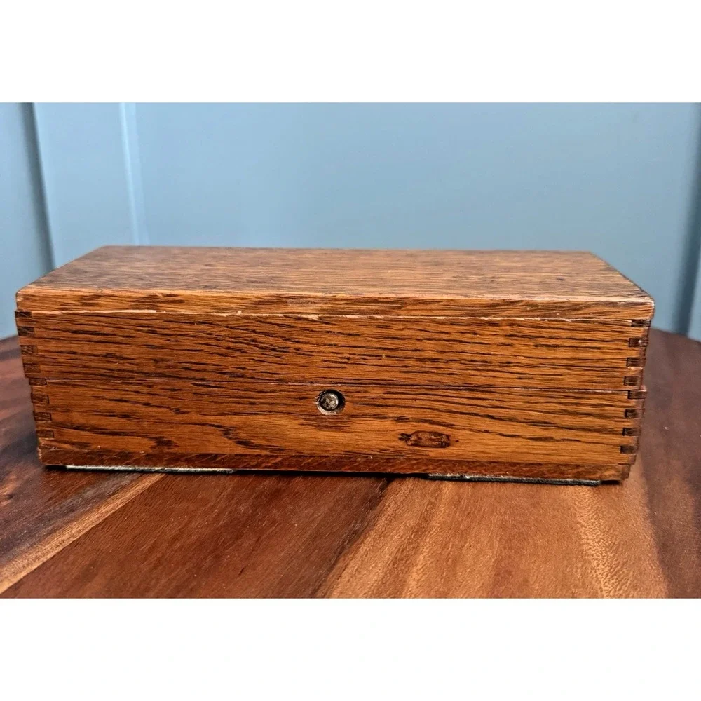 Antique Oak Sewing Notions Box Finger Joint Push Button Velvet Lined 8.5